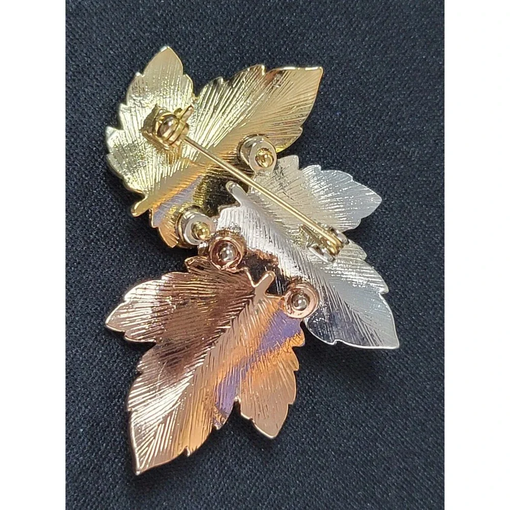 3 Maple Leaves Brooch‎ Pin Gold Silver Cooper Vintage Autumn Fall Colorful